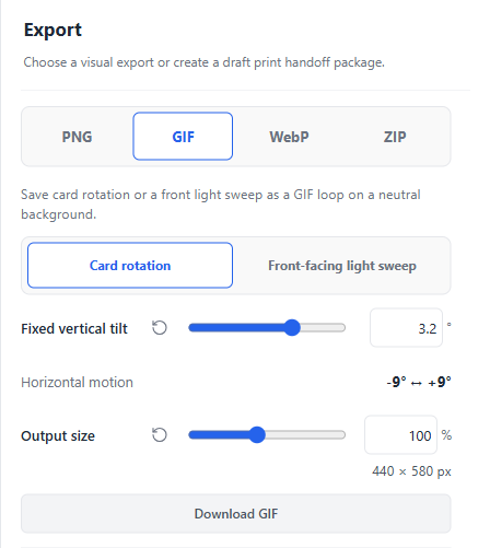 Animation style options for card rotation and a front-facing light sweep