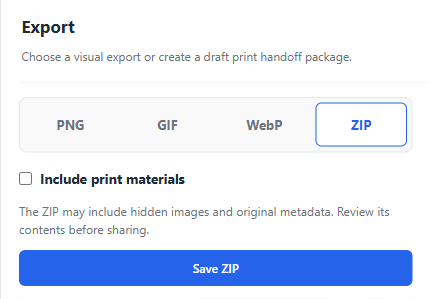 Default ZIP save view with print-production assets disabled